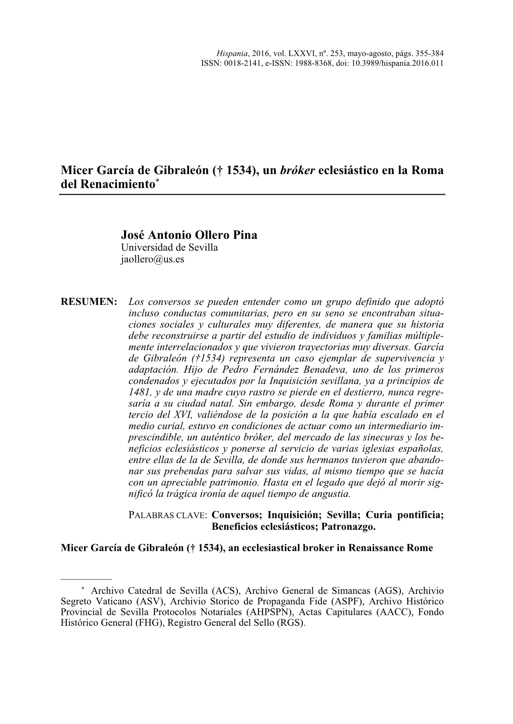 Micer García De Gibraleón († 1534), Un Bróker Eclesiástico En La Roma Del Renacimiento*