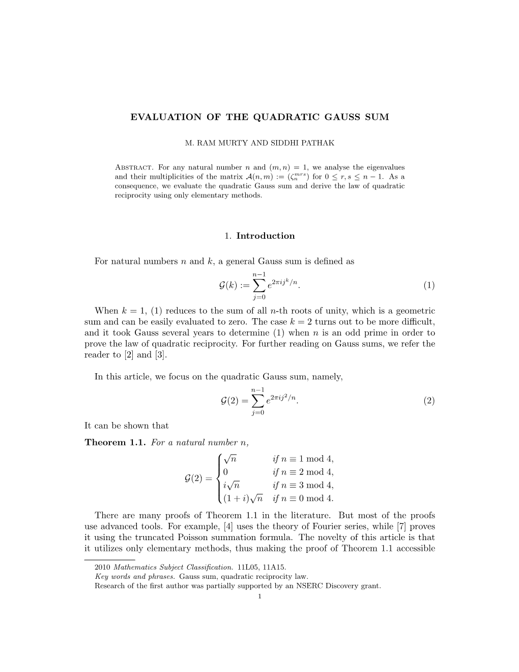 Evaluation of the Quadratic Gauss Sum