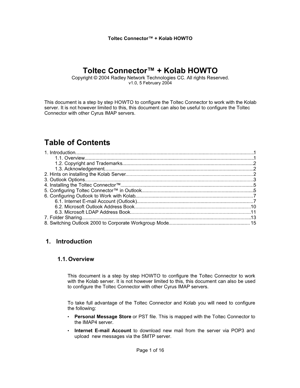 Toltec Connector™ + Kolab HOWTO Table of Contents