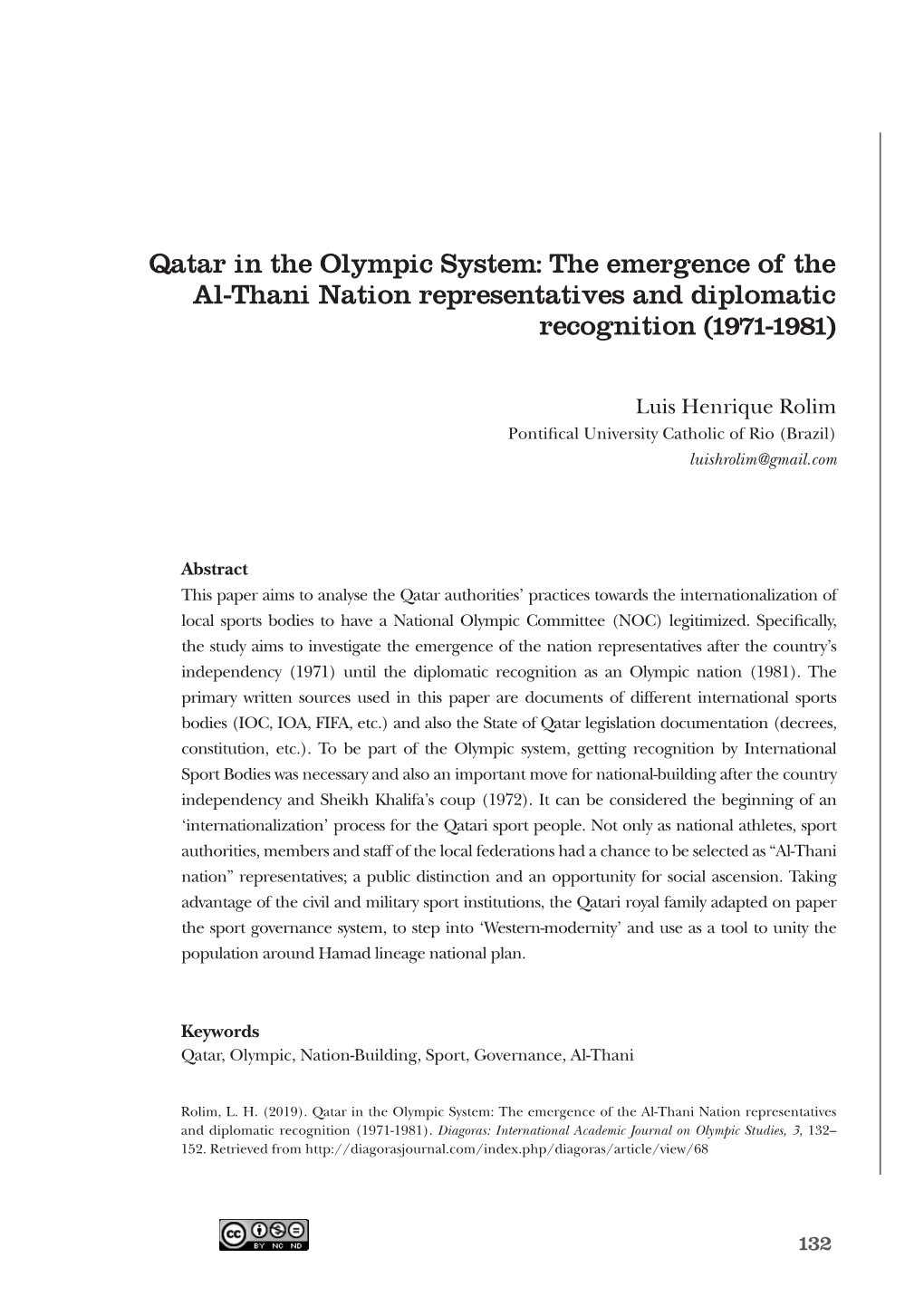 Qatar in the Olympic System: the Emergence of the Al-Thani Nation Representatives and Diplomatic Recognition (1971-1981)