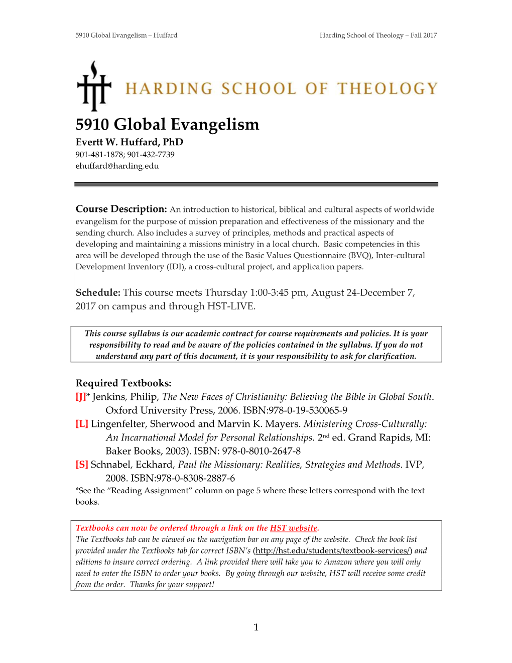 5910 Global Evangelism – Huffard Harding School of Theology – Fall 2017