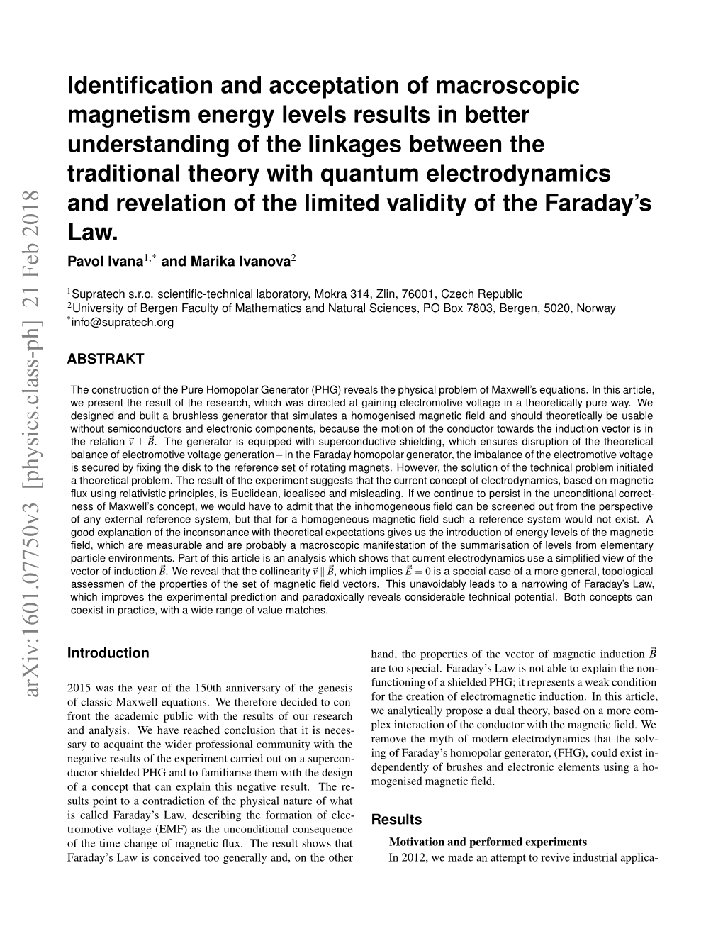 Arxiv:1601.07750V3 [Physics.Class-Ph] 21 Feb 2018 * 1 ABSTRAKT Ao Ivana Pavol Faraday’S the of Validity Law