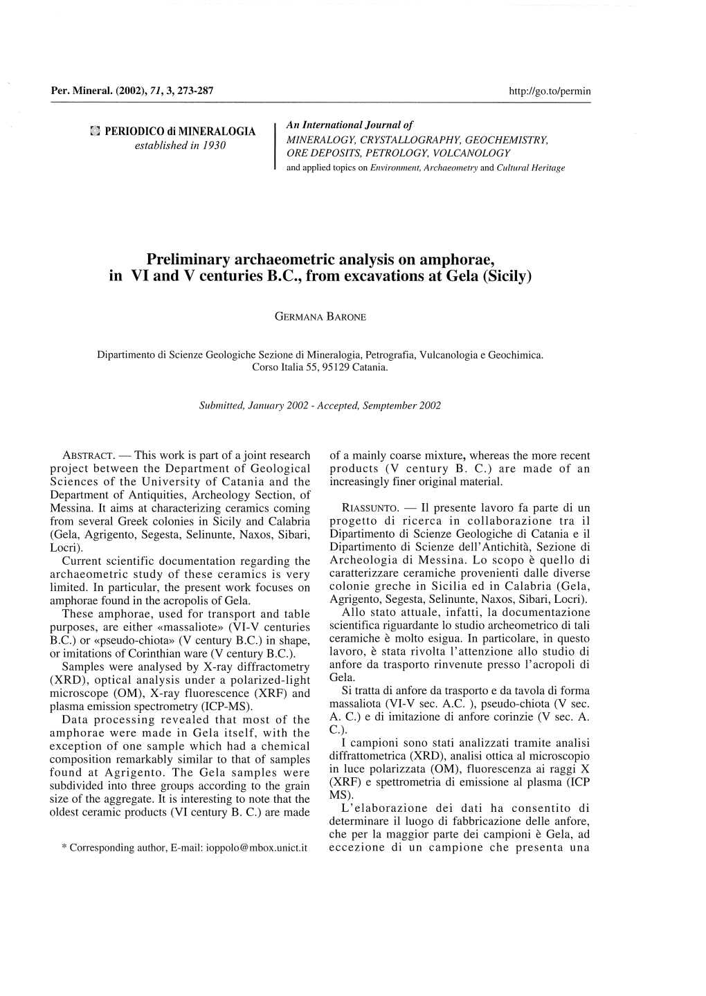 Preliminary Archaeometric Analysis on Amphorae, in VI and V Centuries B.C., from Excavations at Gela (Sicily)