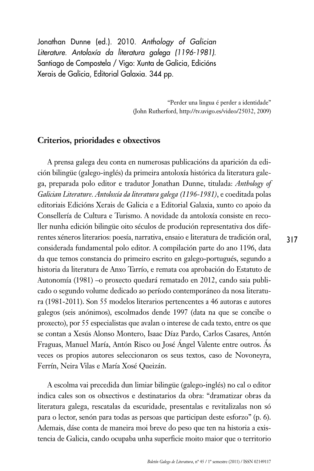 Jonathan Dunne (Ed.). 2010. Anthology of Galician Literature