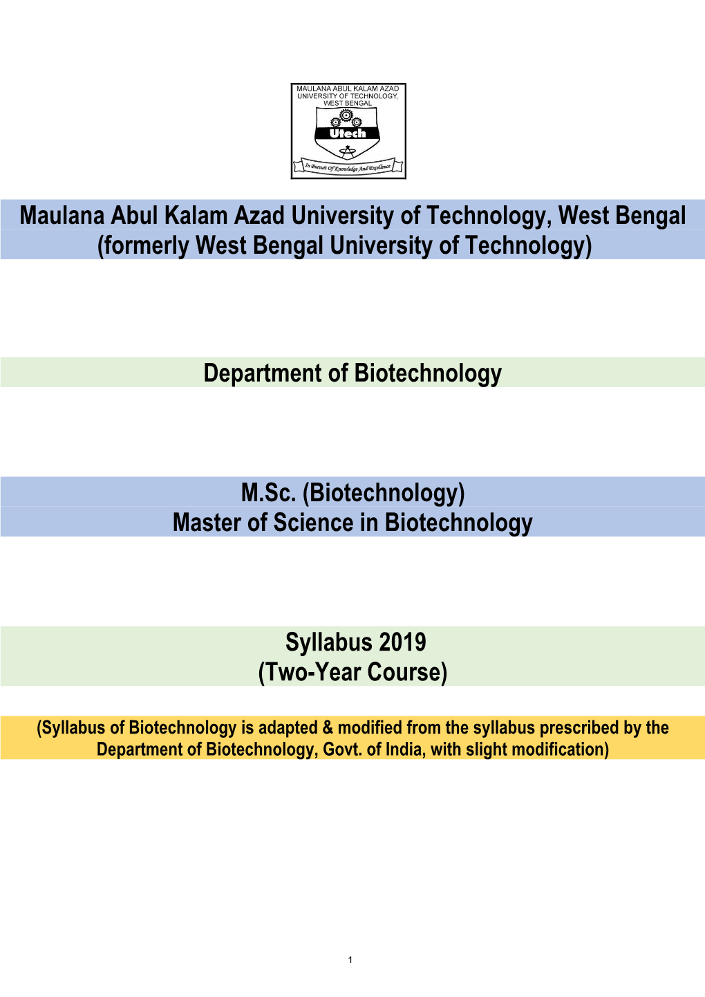 (Formerly West Bengal University of Technology) Department