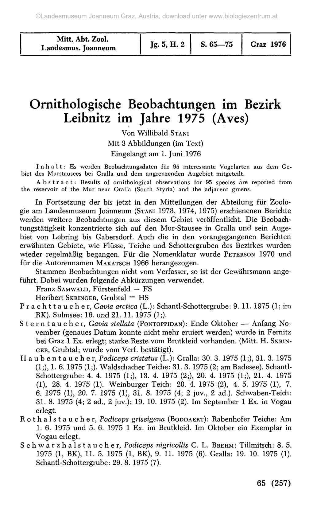 Ornithologische Beobachtungen Im Bezirk Leibnitz Im Jahre 1975 (Aves) Von Willibald STANI Mit 3 Abbildungen (Im Text) Eingelangt Am 1