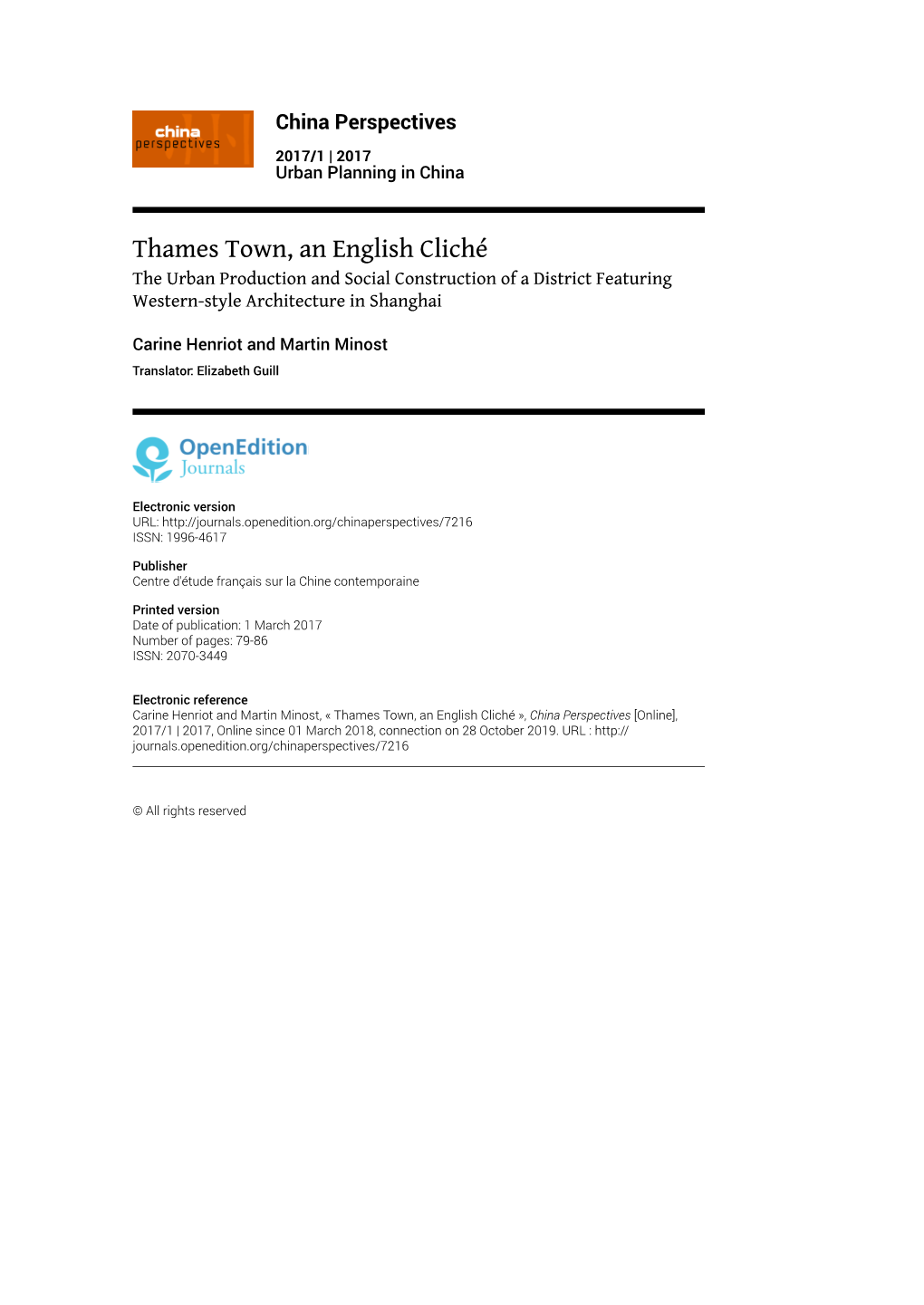 Thames Town, an English Cliché the Urban Production and Social Construction of a District Featuring Western-Style Architecture in Shanghai