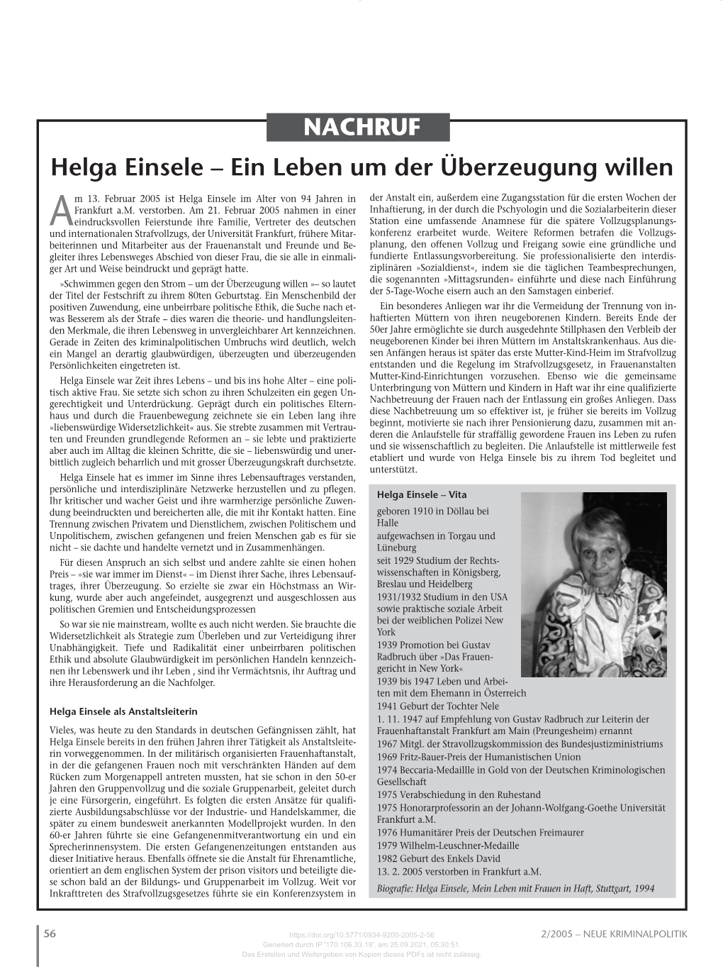 NACHRUF Helga Einsele – Ein Leben Um Der Überzeugung Willen