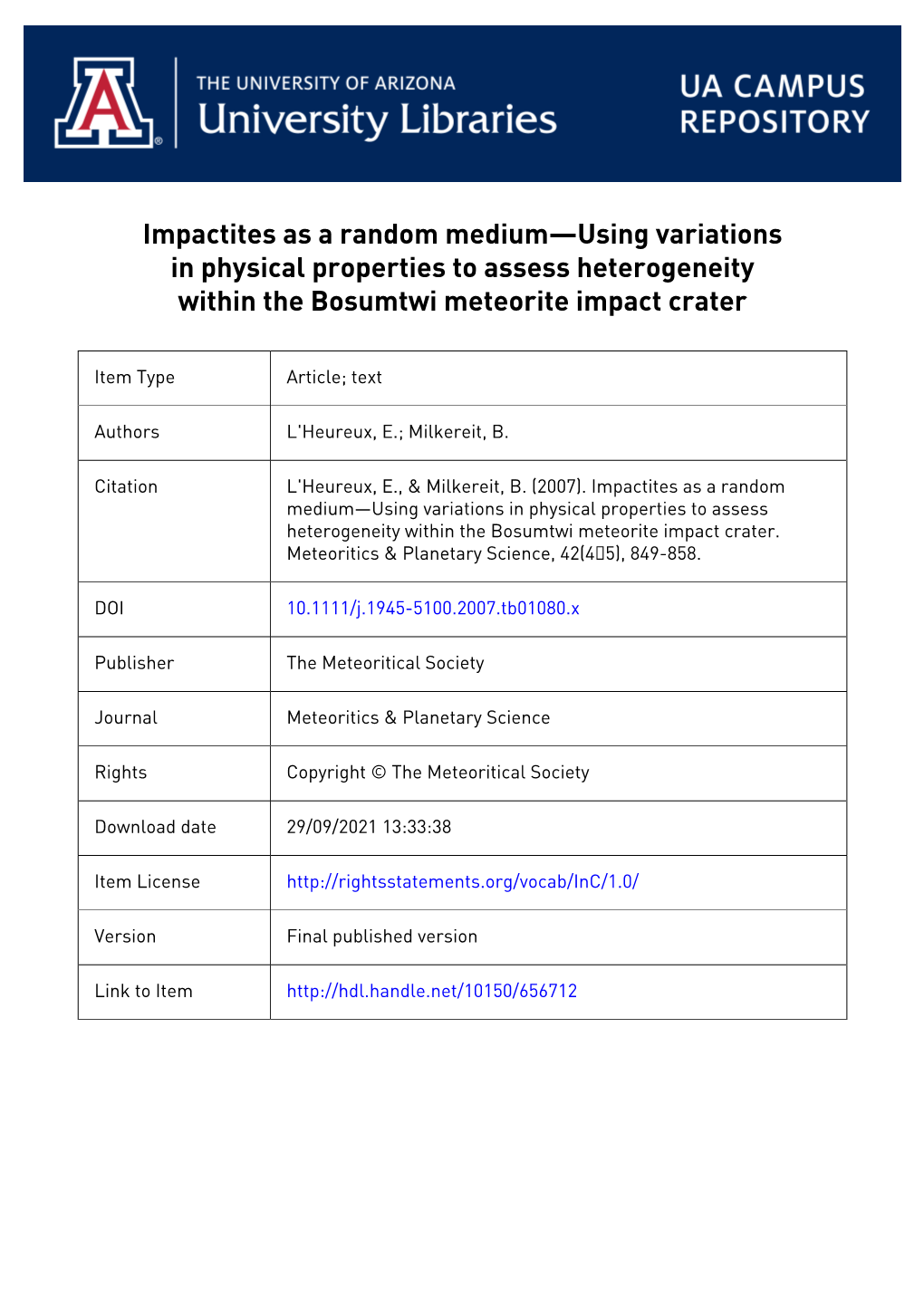 Impactites As a Random Medium—Using Variations in Physical Properties to Assess Heterogeneity Within the Bosumtwi Meteorite Impact Crater