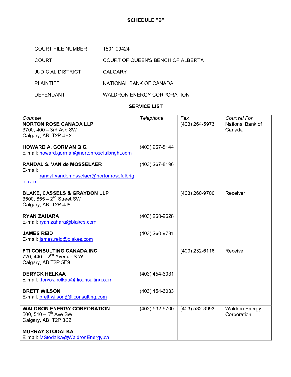 Court File Number 1501-09424 Court Court of Queen's