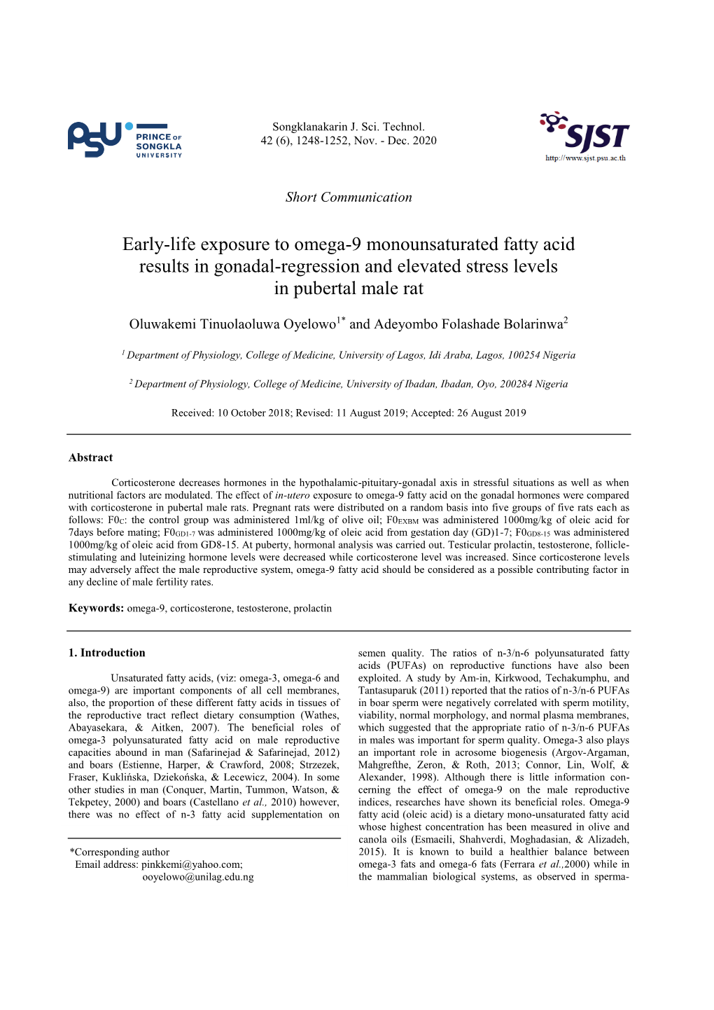 Early-Life Exposure to Omega-9 Monounsaturated Fatty Acid Results in Gonadal-Regression and Elevated Stress Levels in Pubertal Male Rat