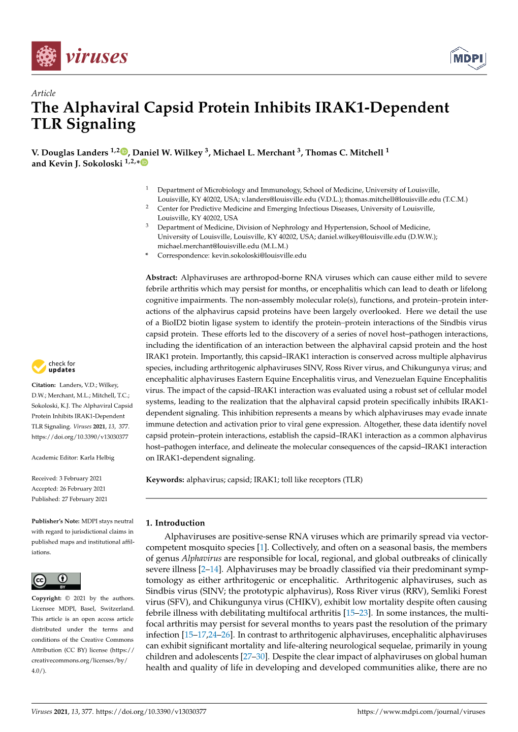 The Alphaviral Capsid Protein Inhibits IRAK1-Dependent TLR Signaling