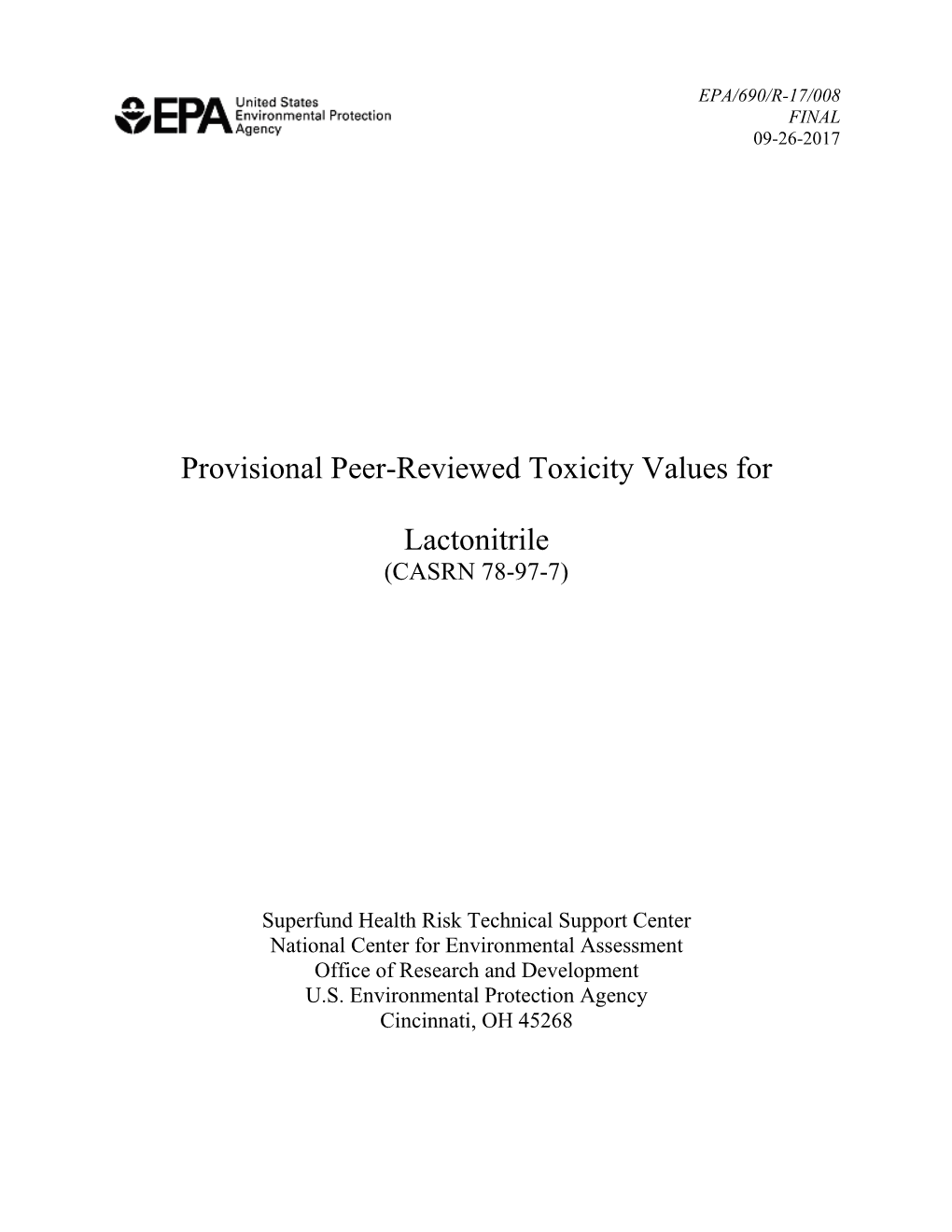 Provisional Peer-Reviewed Toxicity Values for Lactonitrile (Casrn 78-97-7)