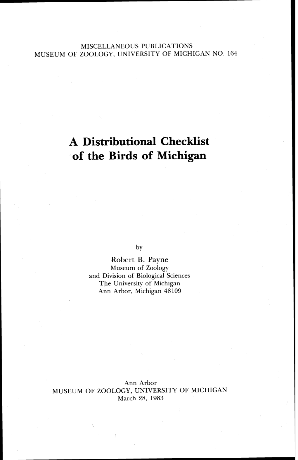 A Distributional Checklist of the Birds of Michigan