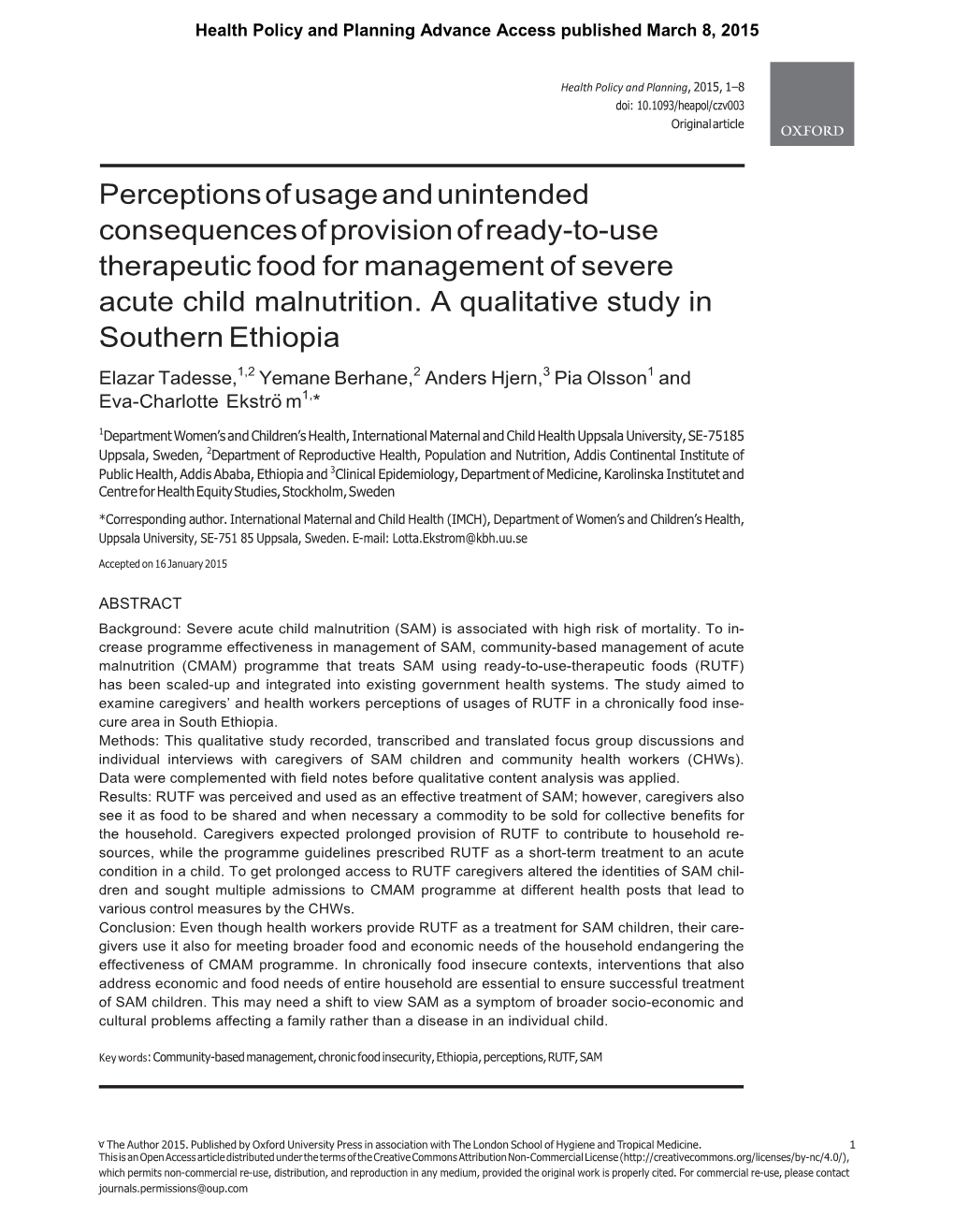 Perceptions of Usage and Unintended Consequences of Provision of Ready-To-Use Therapeutic Food for Management of Severe Acute Child Malnutrition