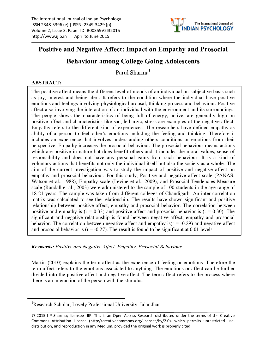 Impact on Empathy and Prosocial Behaviour Among College Going