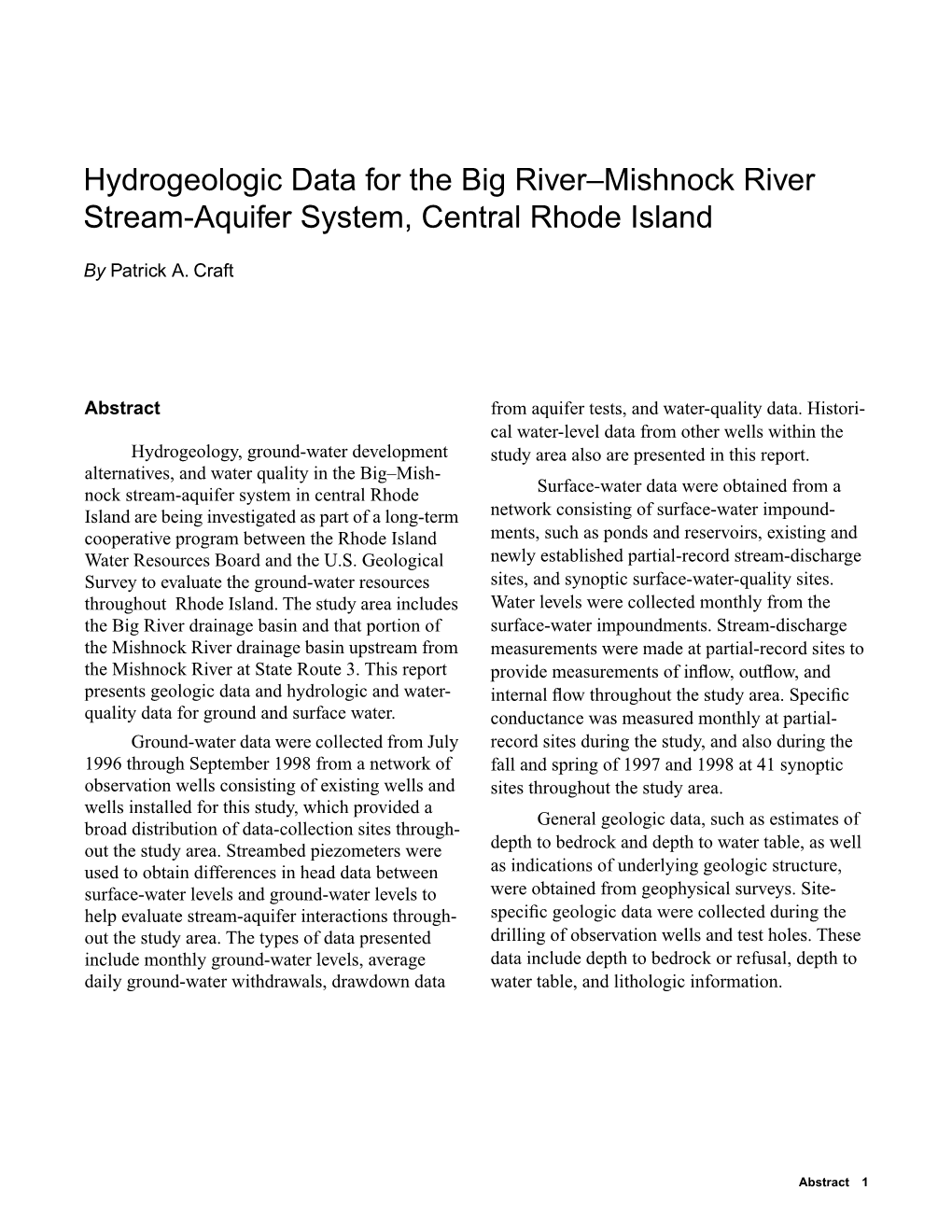 Hydrogeologic Data for the Big River–Mishnock River Stream-Aquifer