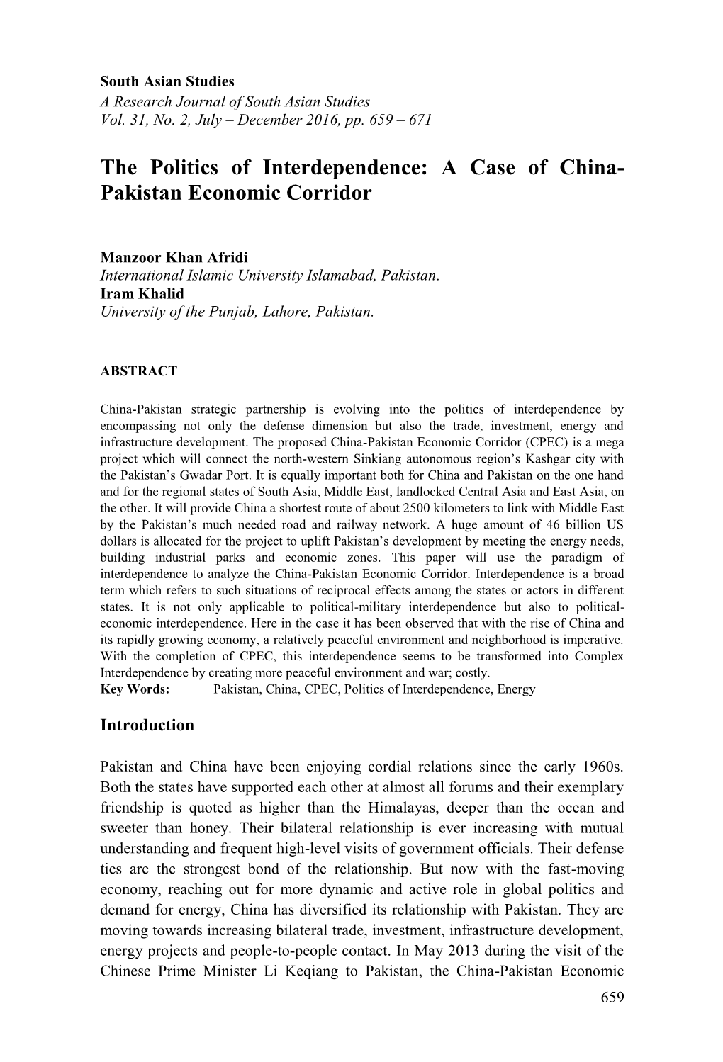 A Case of China- Pakistan Economic Corridor