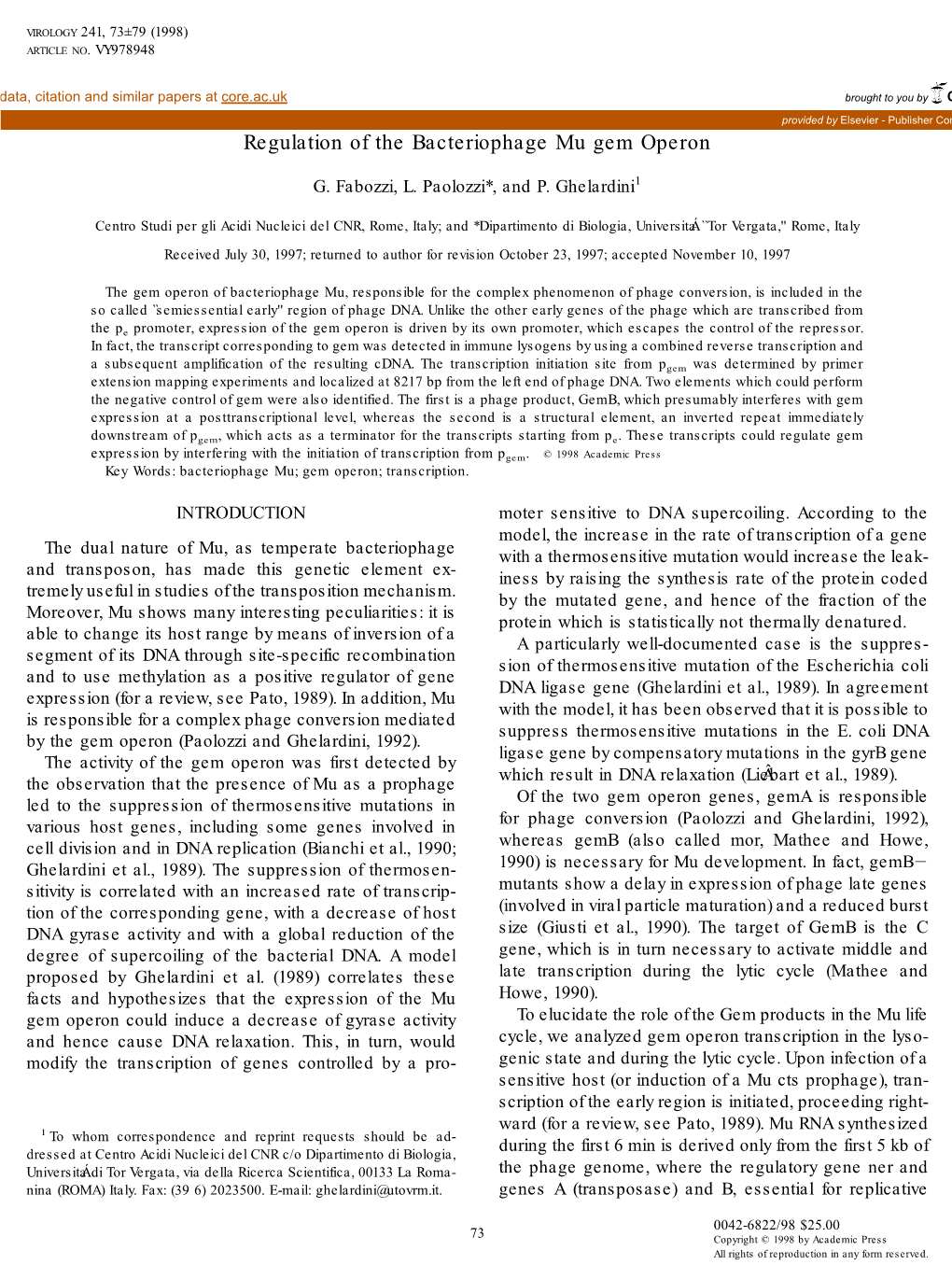 Regulation of the Bacteriophage Mu Gem Operon