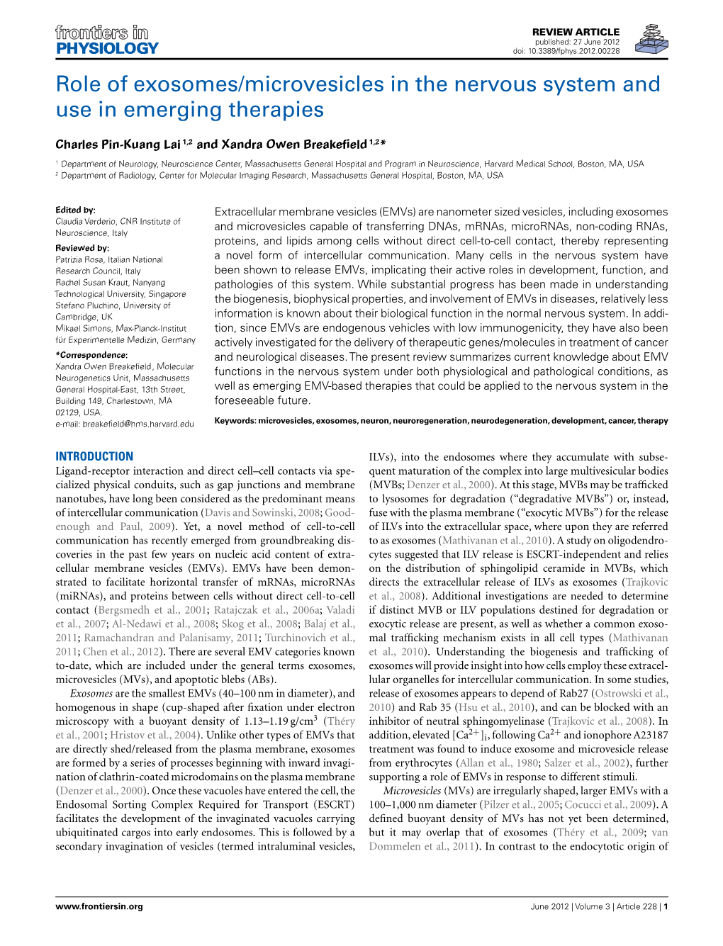 Role of Exosomes/Microvesicles in the Nervous System and Use in Emerging Therapies