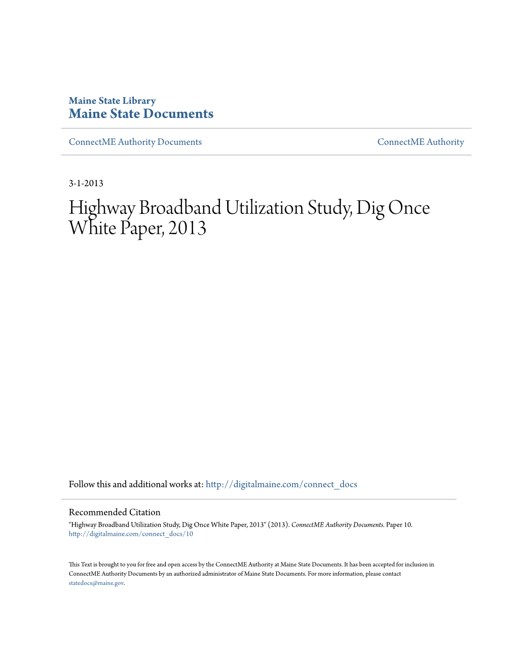 Highway Broadband Utilization Study, Dig Once White Paper, 2013