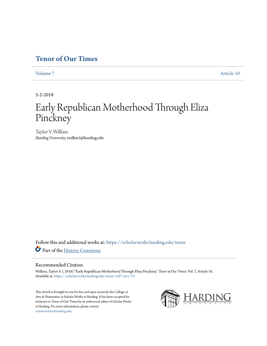 Early Republican Motherhood Through Eliza Pinckney Taylor V