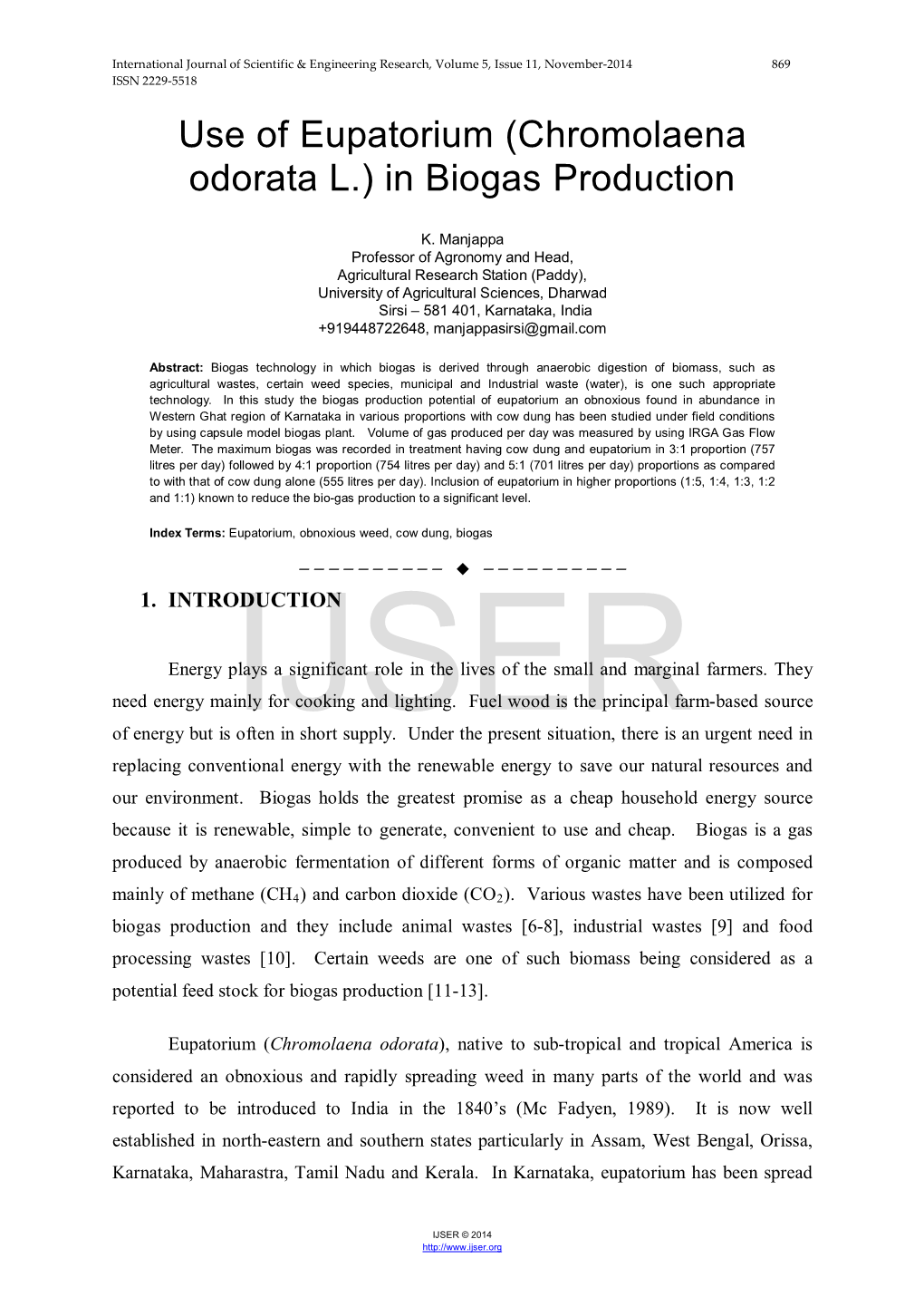 Use of Eupatorium (Chromolaena Odorata L.) in Biogas Production