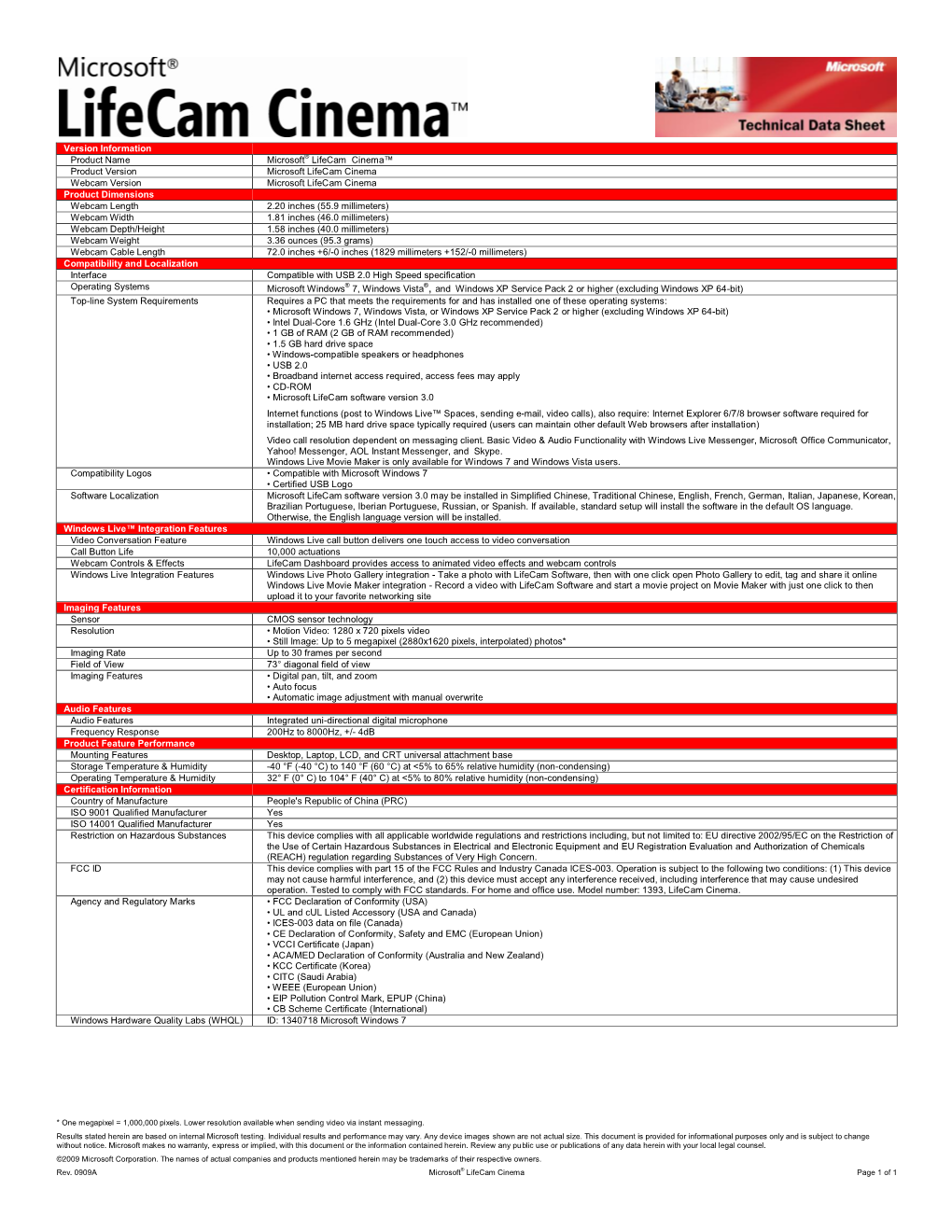 Version Information Product Name Microsoft® Lifecam Cinema