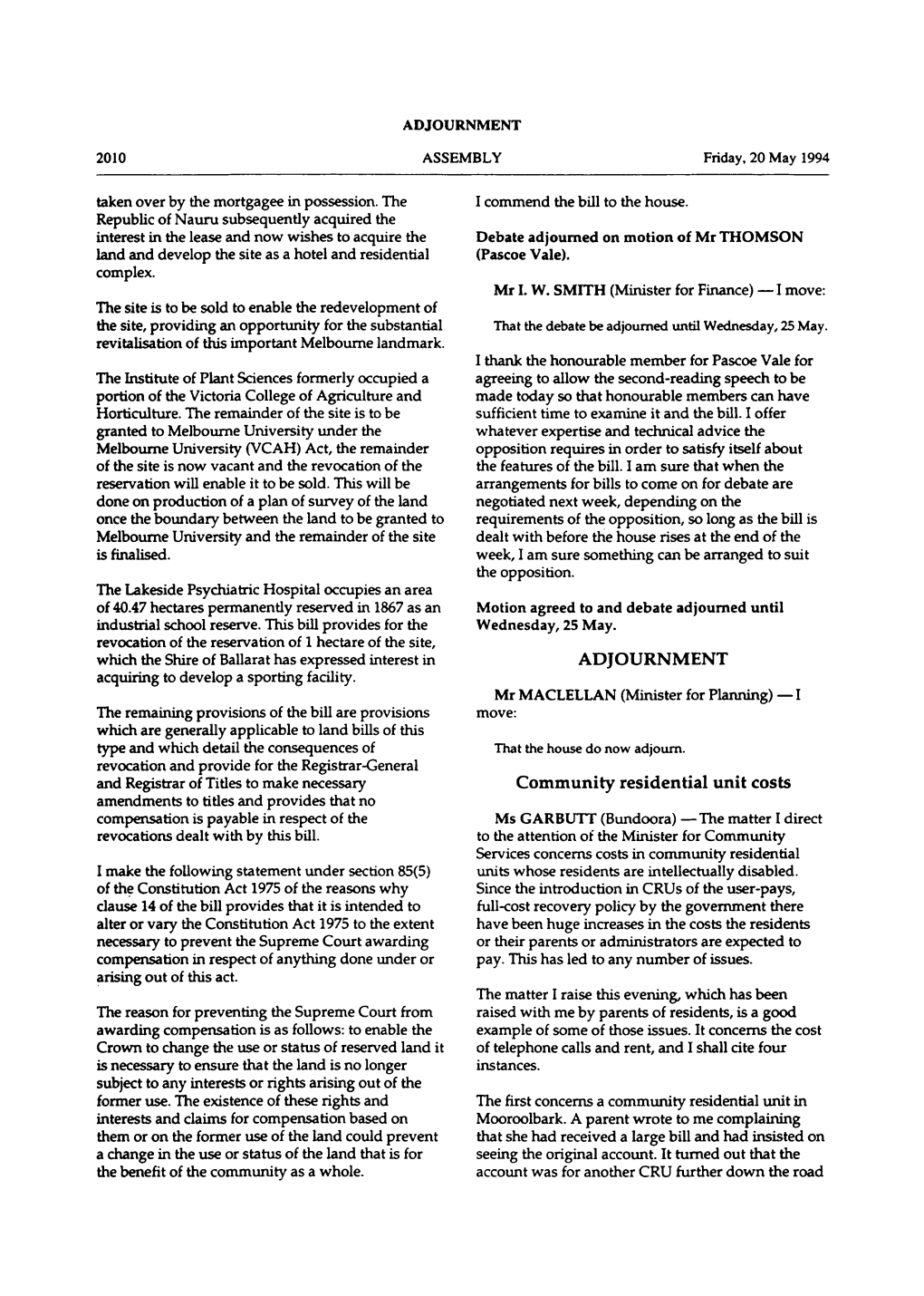 ADJOURNMENT Community Residential Unit Costs