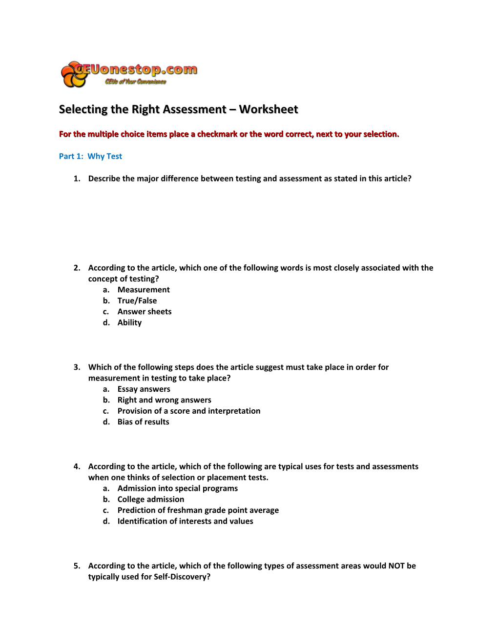 Selecting the Right Assessment Worksheet