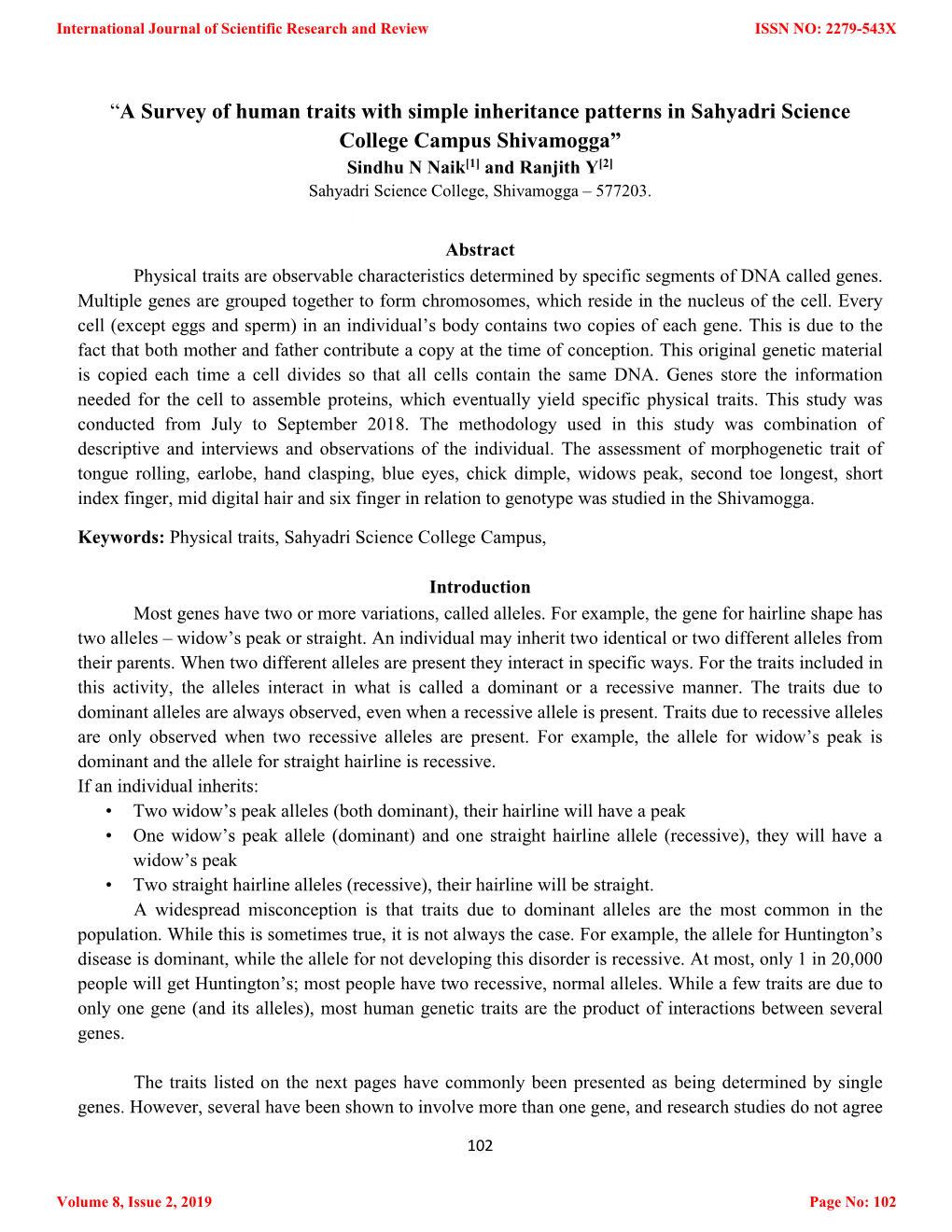 “A Survey of Human Traits with Simple Inheritance Patterns in Sahyadri