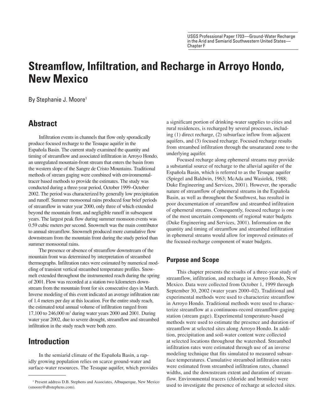 Streambed Infiltration Through the Unsaturated Zone to the Timing of Streamflow and Associated Infiltration in Arroyo Hondo, Underlying Aquifer