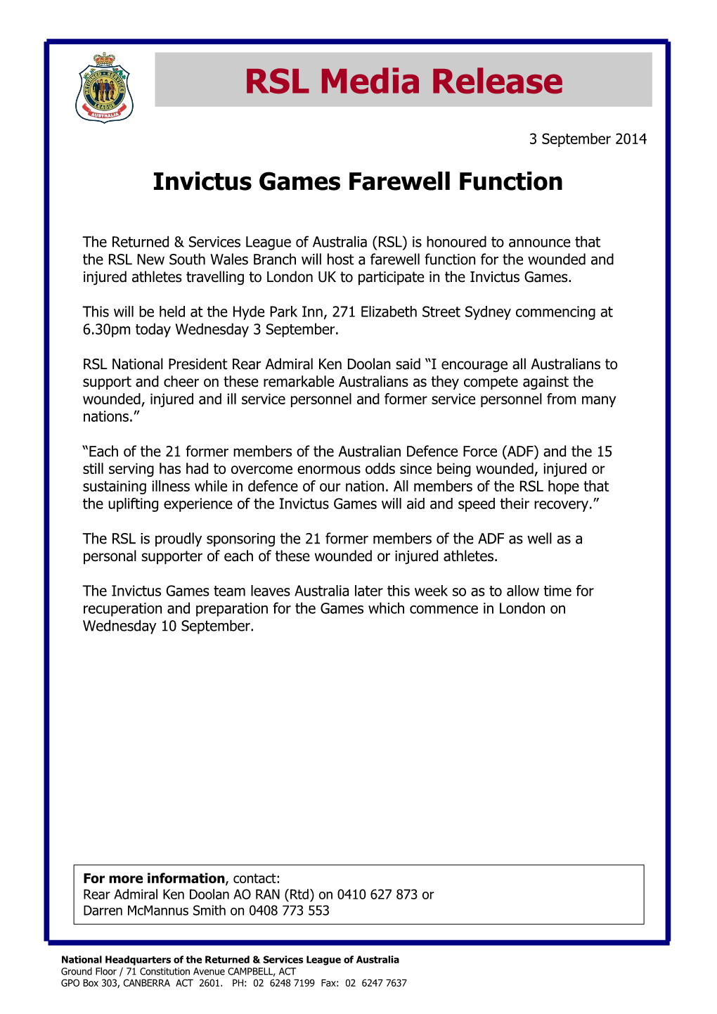 Invictus Games Farewell Function