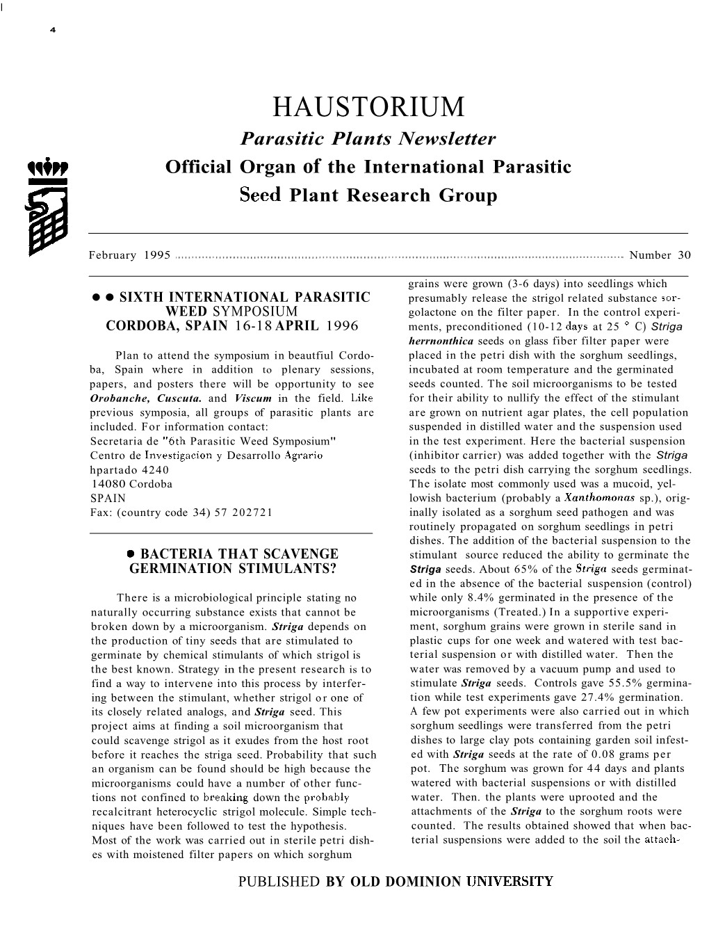 HAUSTORIUM Parasitic Plants Newsletter Official Organ of the International Parasitic Seed Plant Research Group