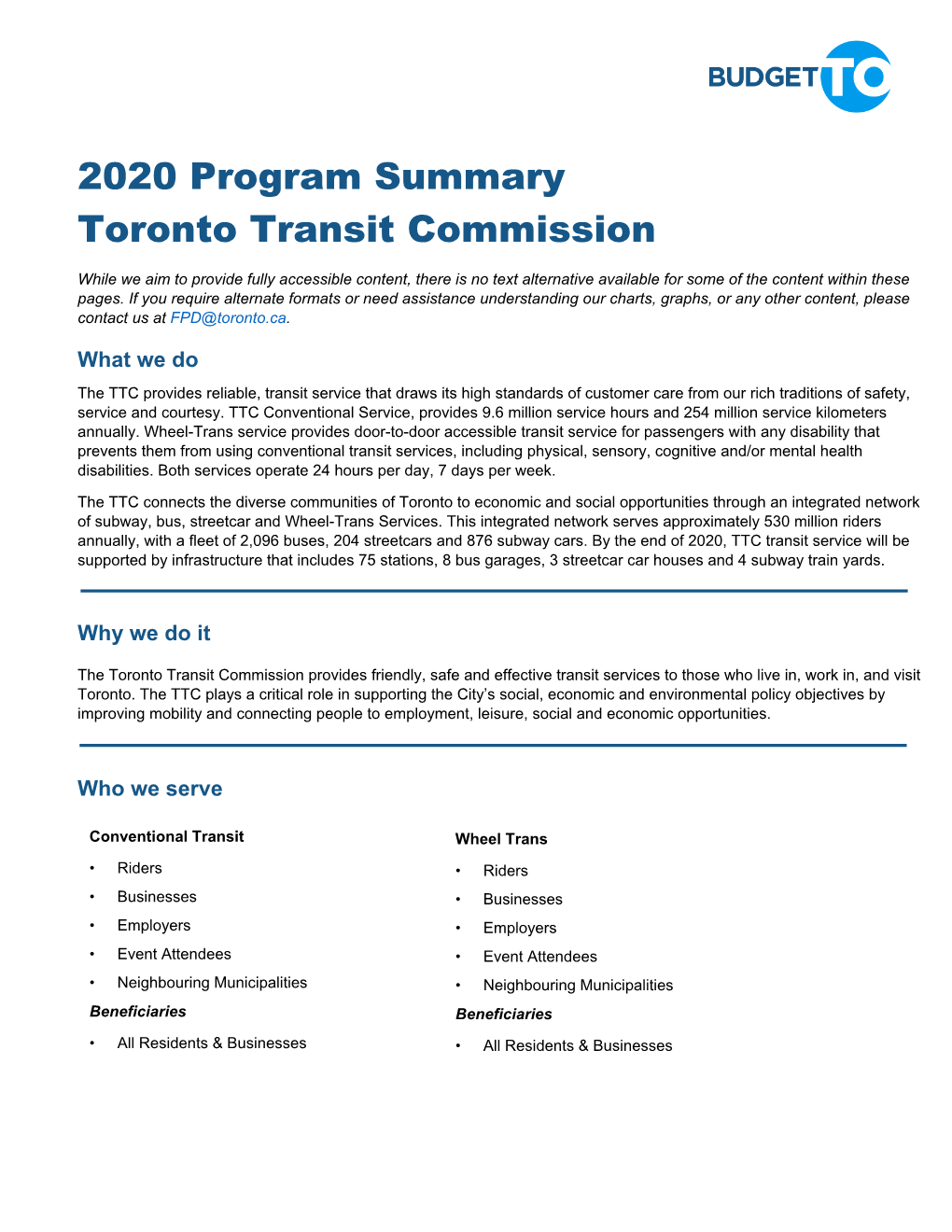 2020 Program Summary Toronto Transit Commission