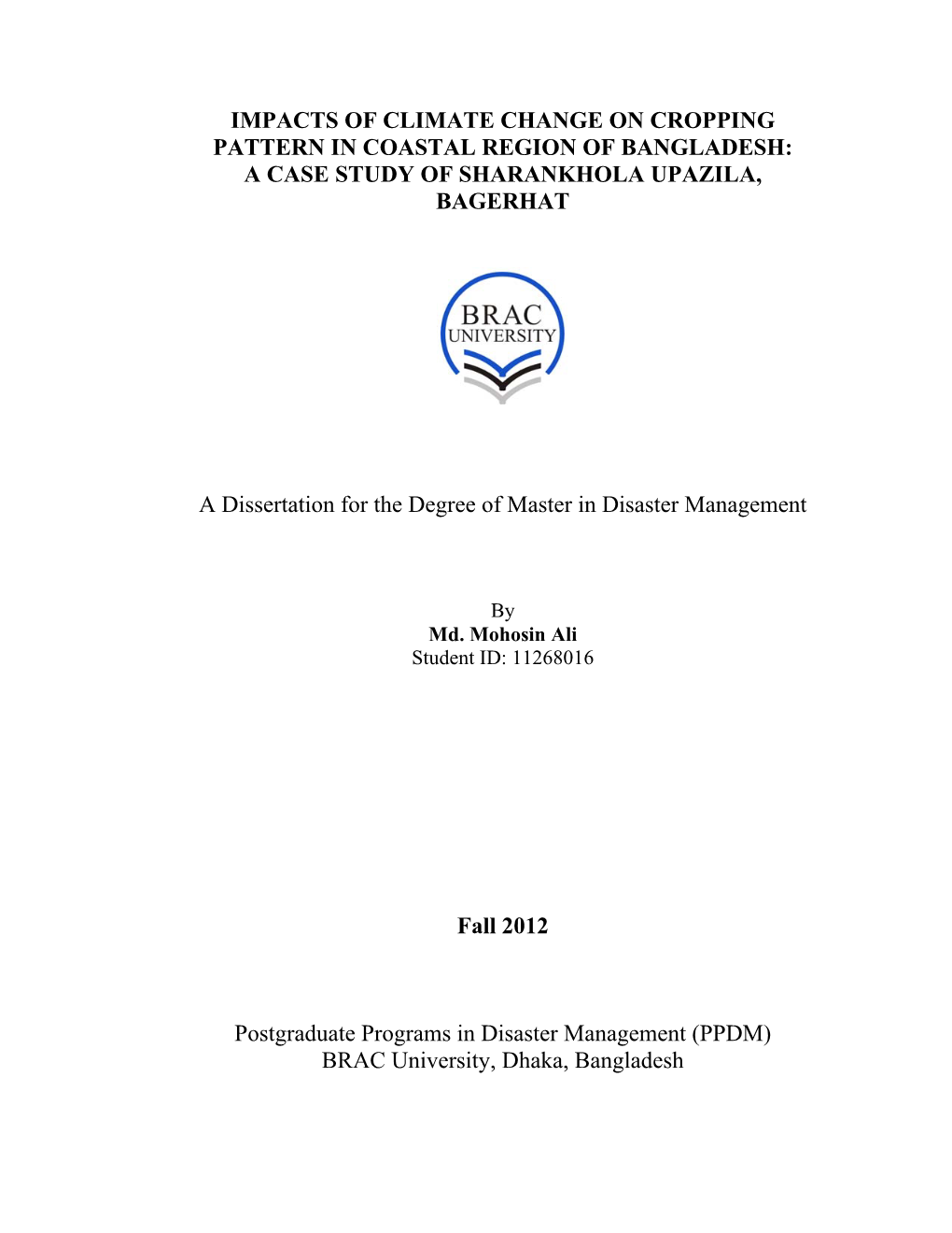 Impacts of Climate Change on Cropping Pattern in Coastal Region of Bangladesh: a Case Study of Sharankhola Upazila, Bagerhat