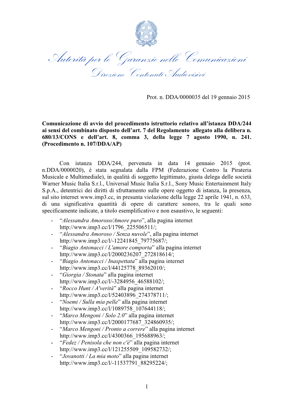 Autorità Per Le Garanzie Nelle Comunicazioni Direzione Contenuti Audiovisivi