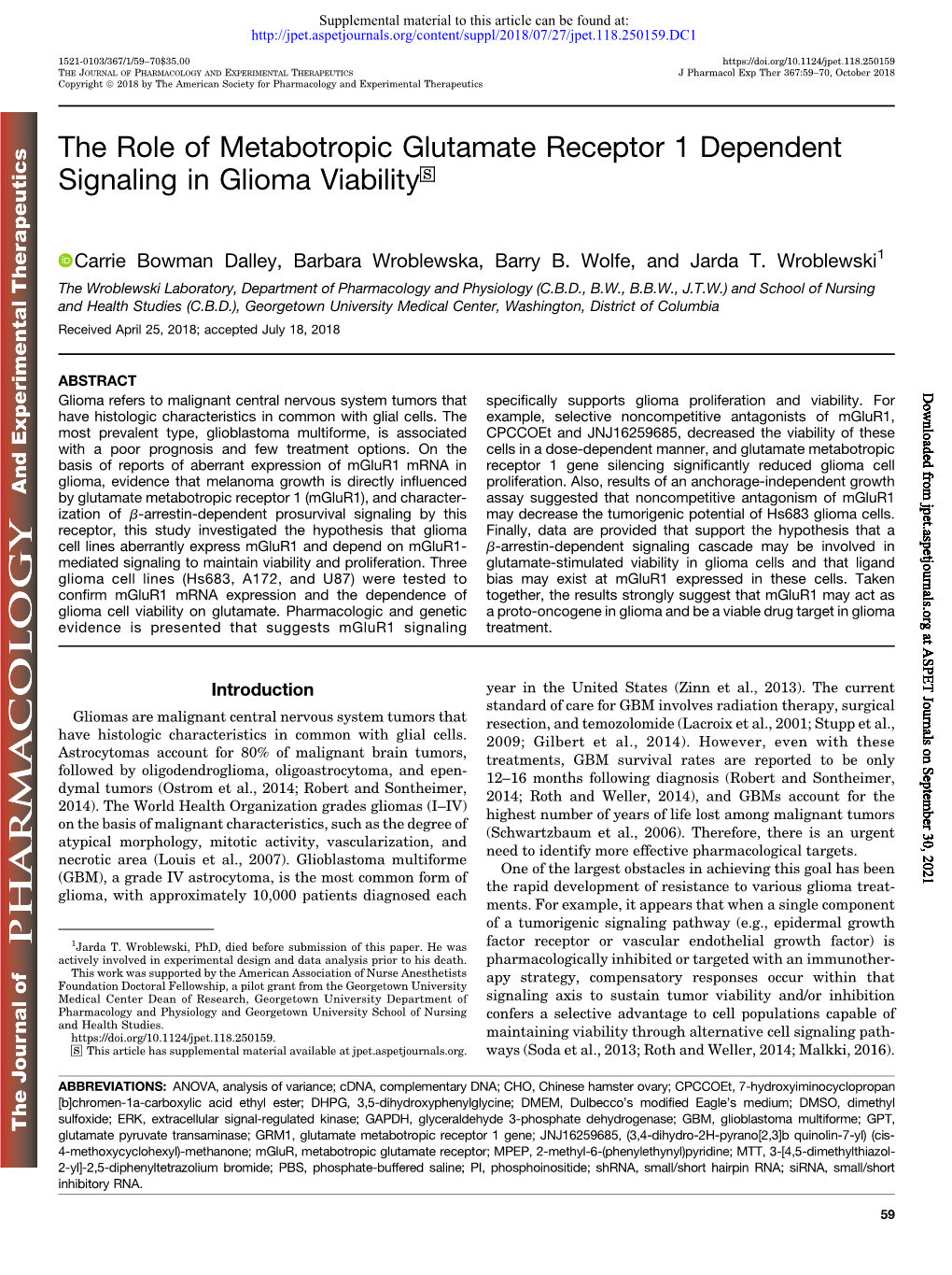 The Role of Metabotropic Glutamate Receptor 1 Dependent Signaling in Glioma Viability S