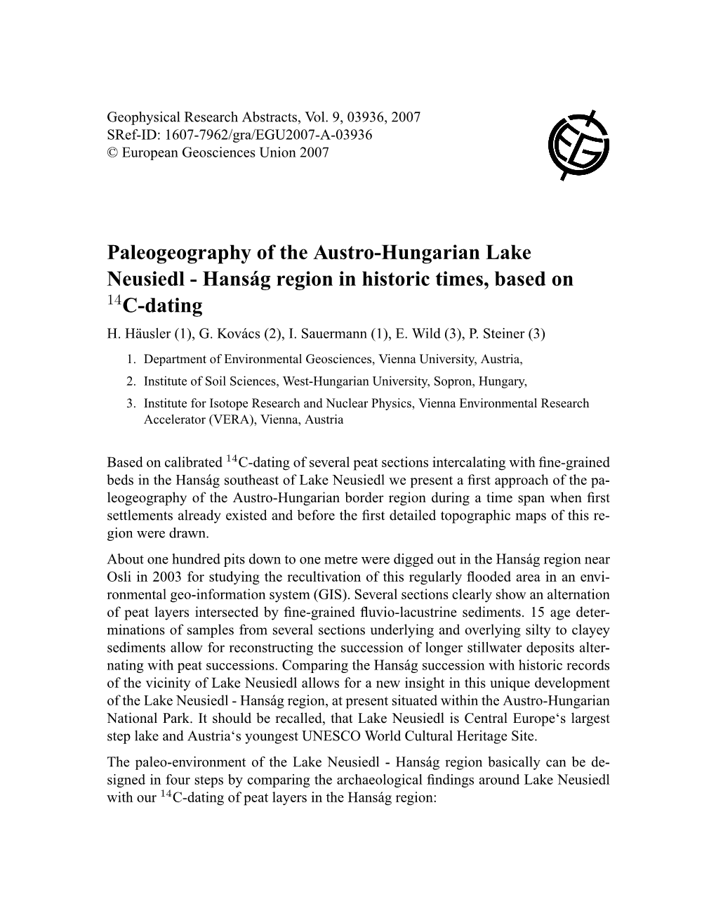 Paleogeography of the Austro-Hungarian Lake Neusiedl - Hanság Region in Historic Times, Based on 14C-Dating H