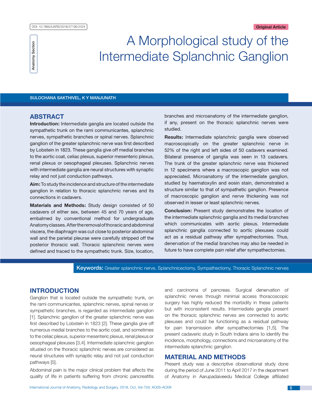 A Morphological Study of the Intermediate Splanchnic Ganglion Anatomy Section