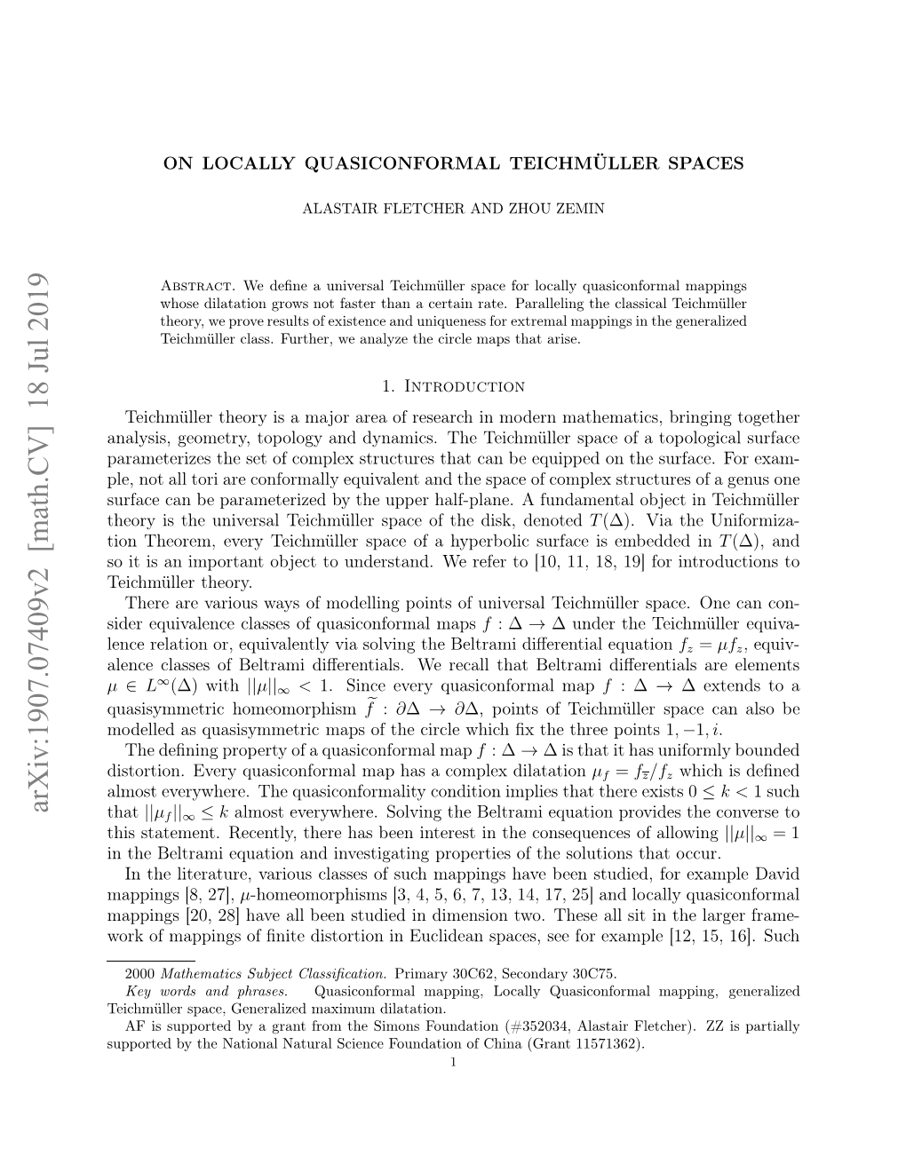 Arxiv:1907.07409V2 [Math.CV] 18 Jul 2019 Ie Qiaec Lse Fqaiofra Maps Quasiconformal of 11 Classes [10, Equivalence to Sider Refer We Understand