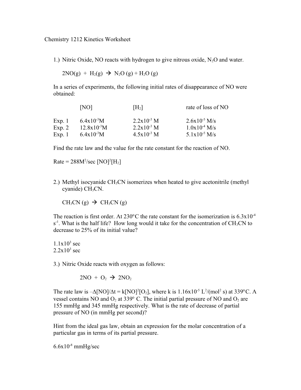 Chemistry 1212 Kinetics Worksheet