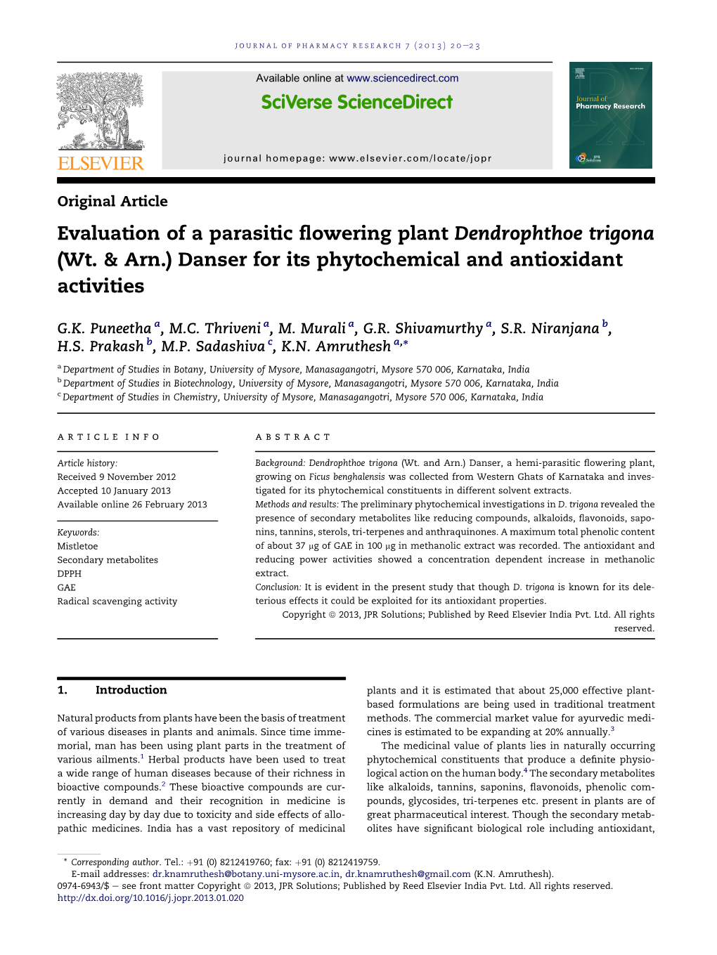 Evaluation of a Parasitic Flowering Plant Dendrophthoe Trigona