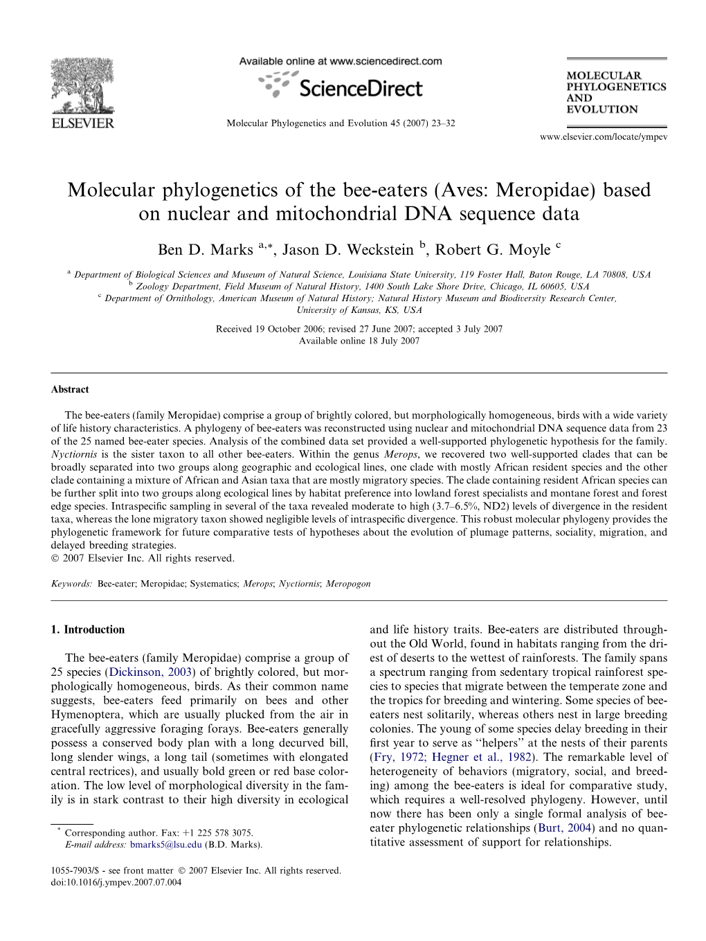 Molecular Phylogenetics of the Bee-Eaters (Aves: Meropidae) Based on Nuclear and Mitochondrial DNA Sequence Data