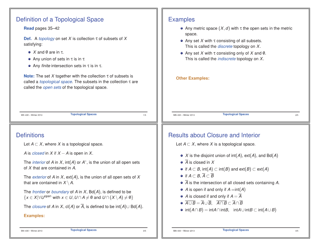 Definition of a Topological Space Examples Definitions Results About