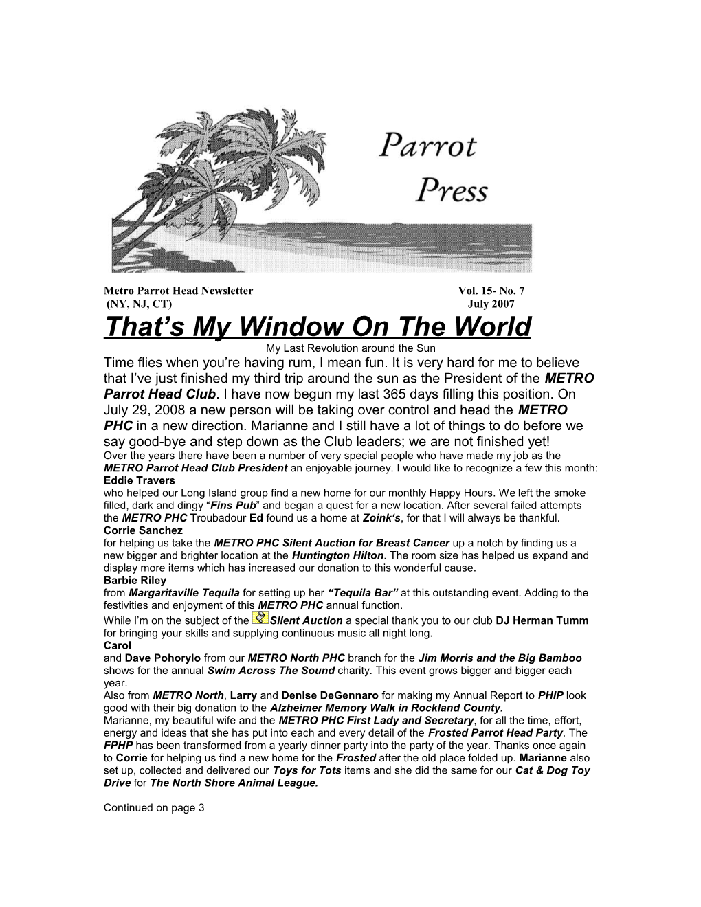Metro Parrot Head Newsletter Vol. 15- No. 7