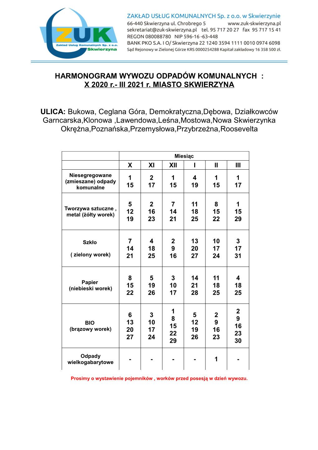 HARMONOGRAM WYWOZU ODPADÓW KOMUNALNYCH : X 2020 R.- III 2021 R