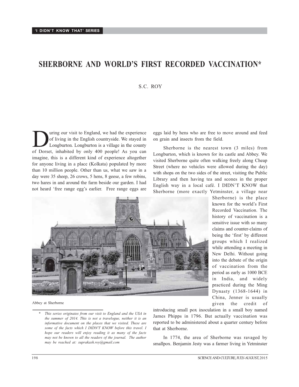 Sherborne and World's First Recorded Vaccination*