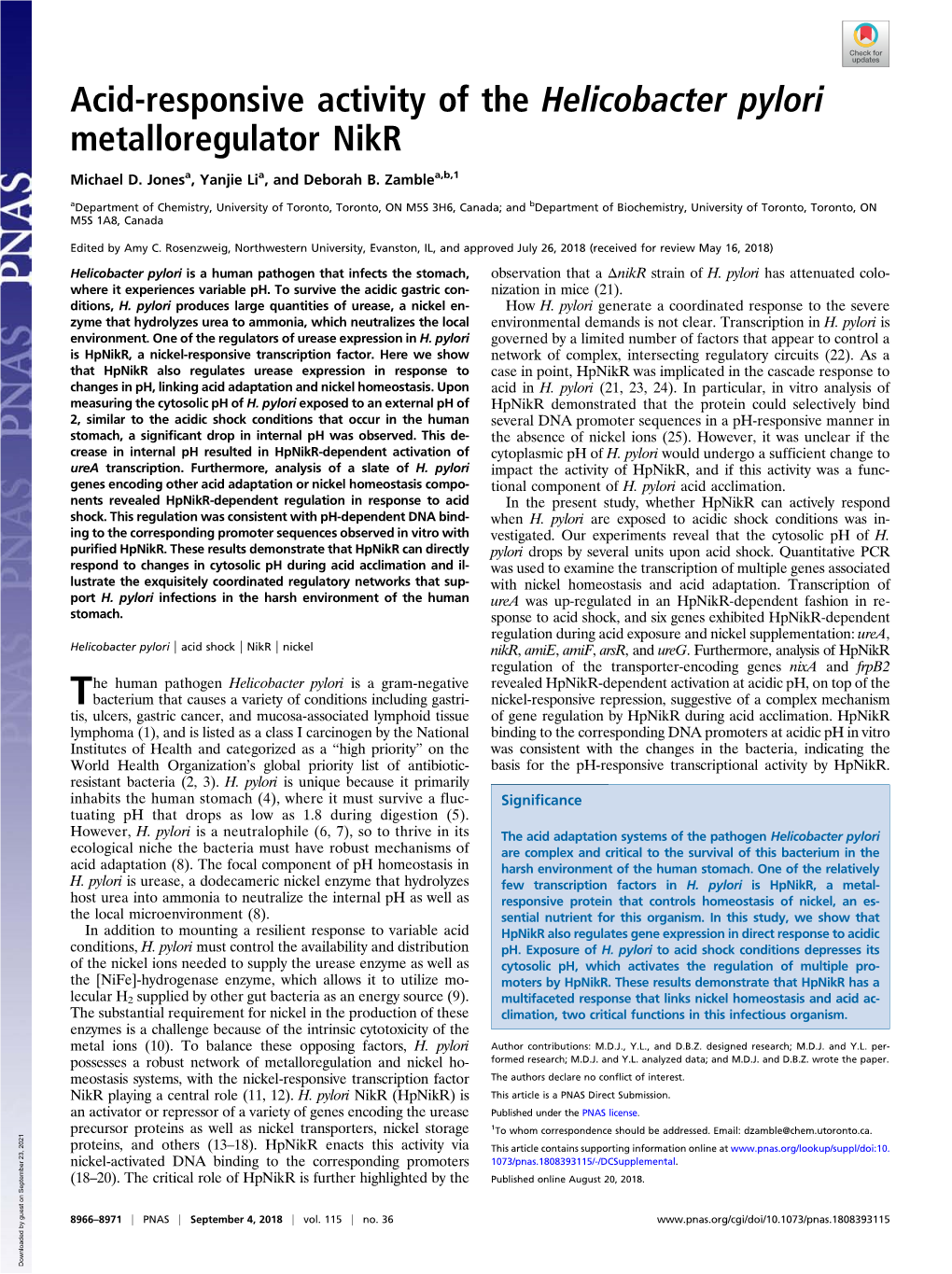 Acid-Responsive Activity of the Helicobacter Pylori Metalloregulator Nikr