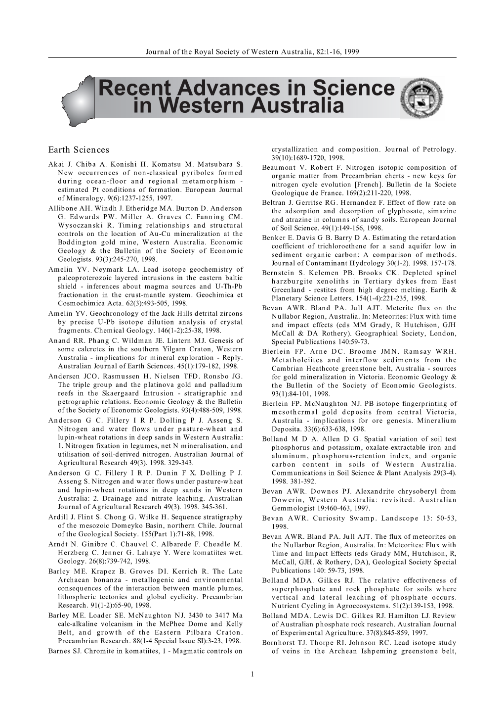 Recent Advances in Science in Western Australia